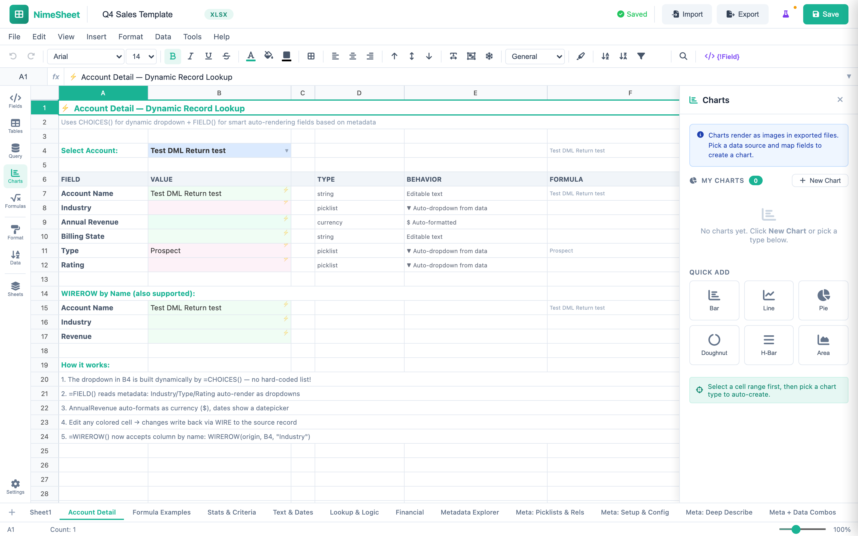 NimeSheet with charts showing quarterly portfolio performance data