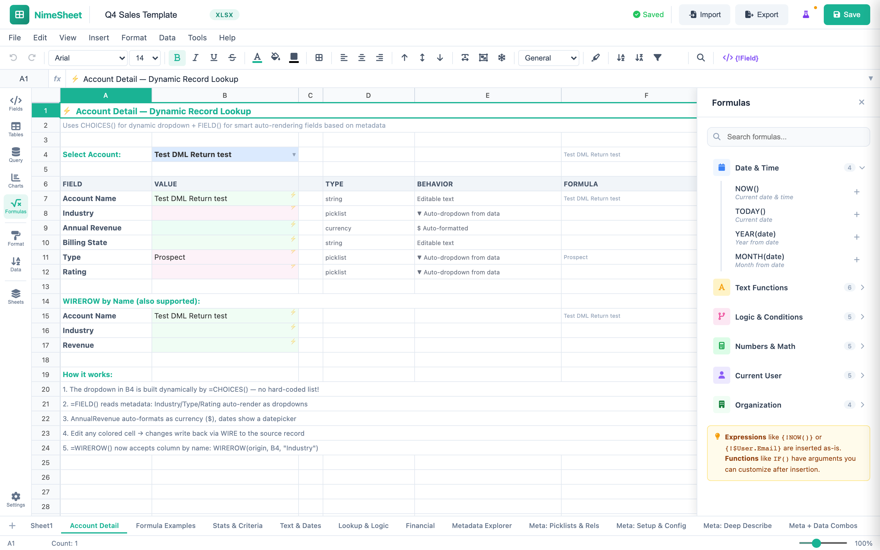NimeSheet formula bar showing compliance report with audit trail and data validation