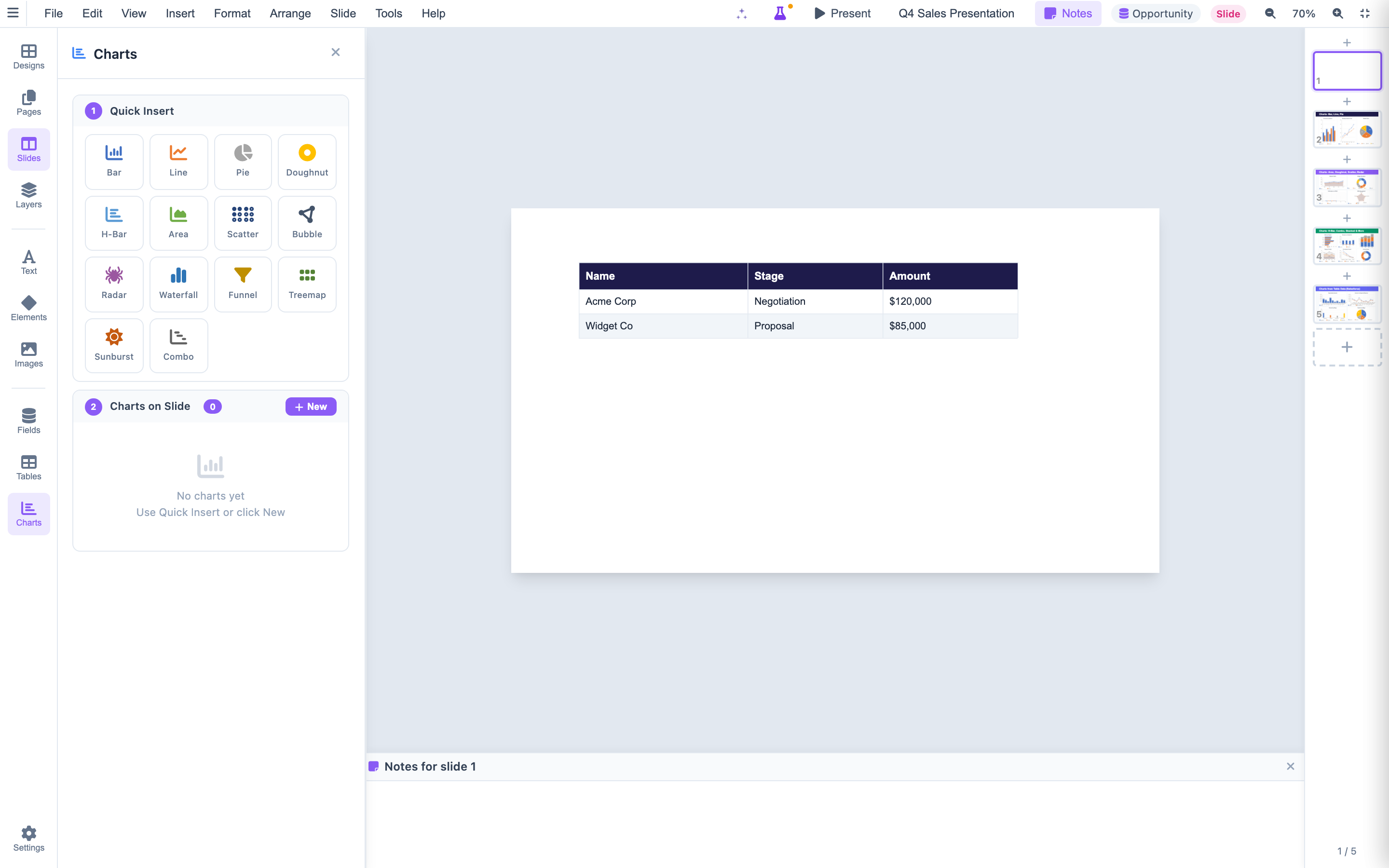 NiimePresent Charts panel with 13 chart types and Quick Insert