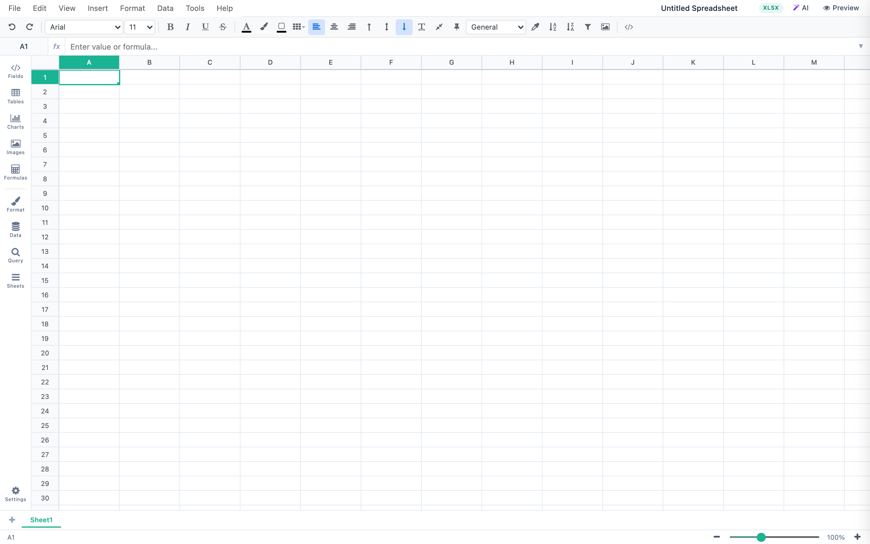 NimeSheet empty grid showing toolbar and query panel
