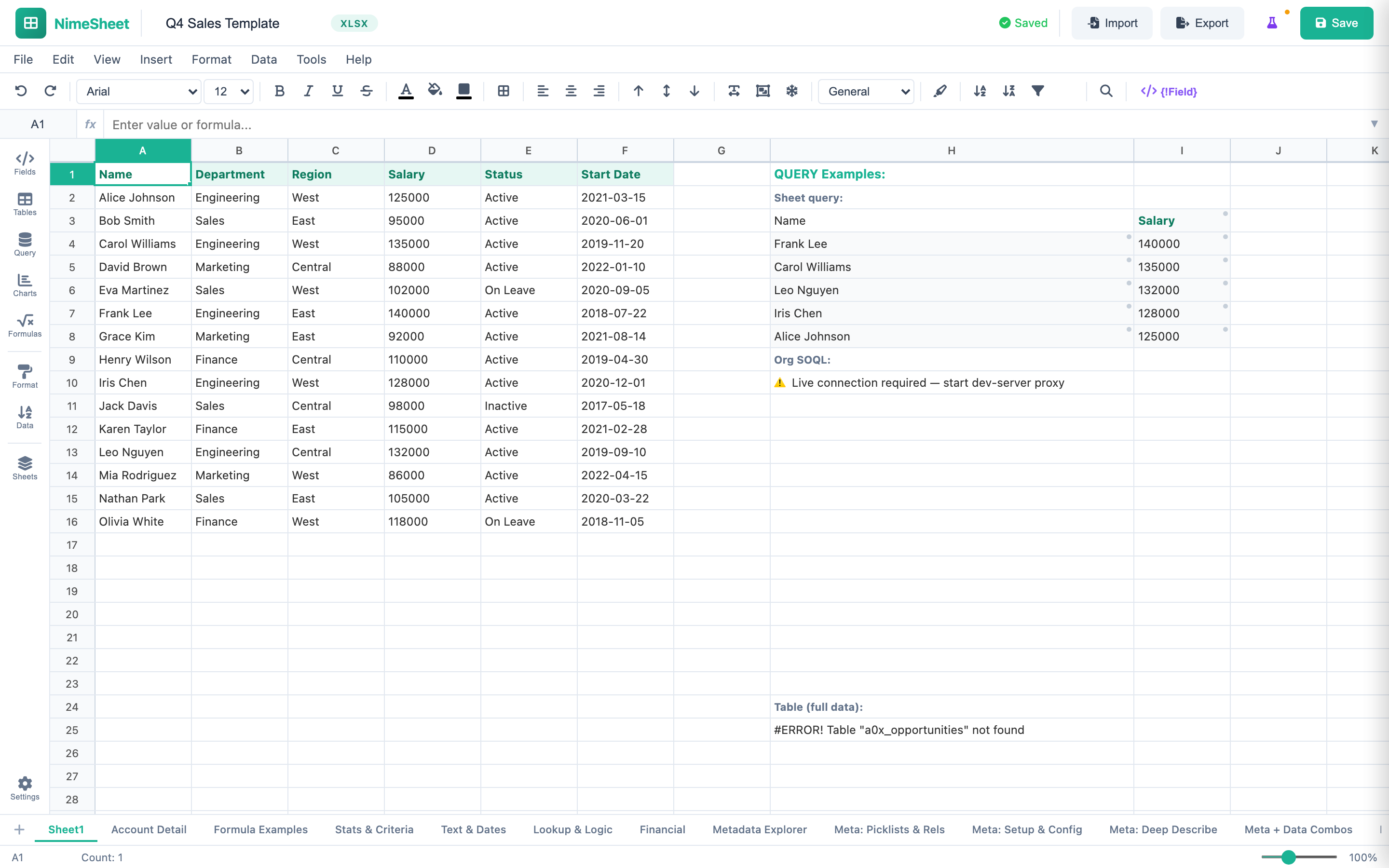 NimeSheet spreadsheet editor with Q4 Sales Template data