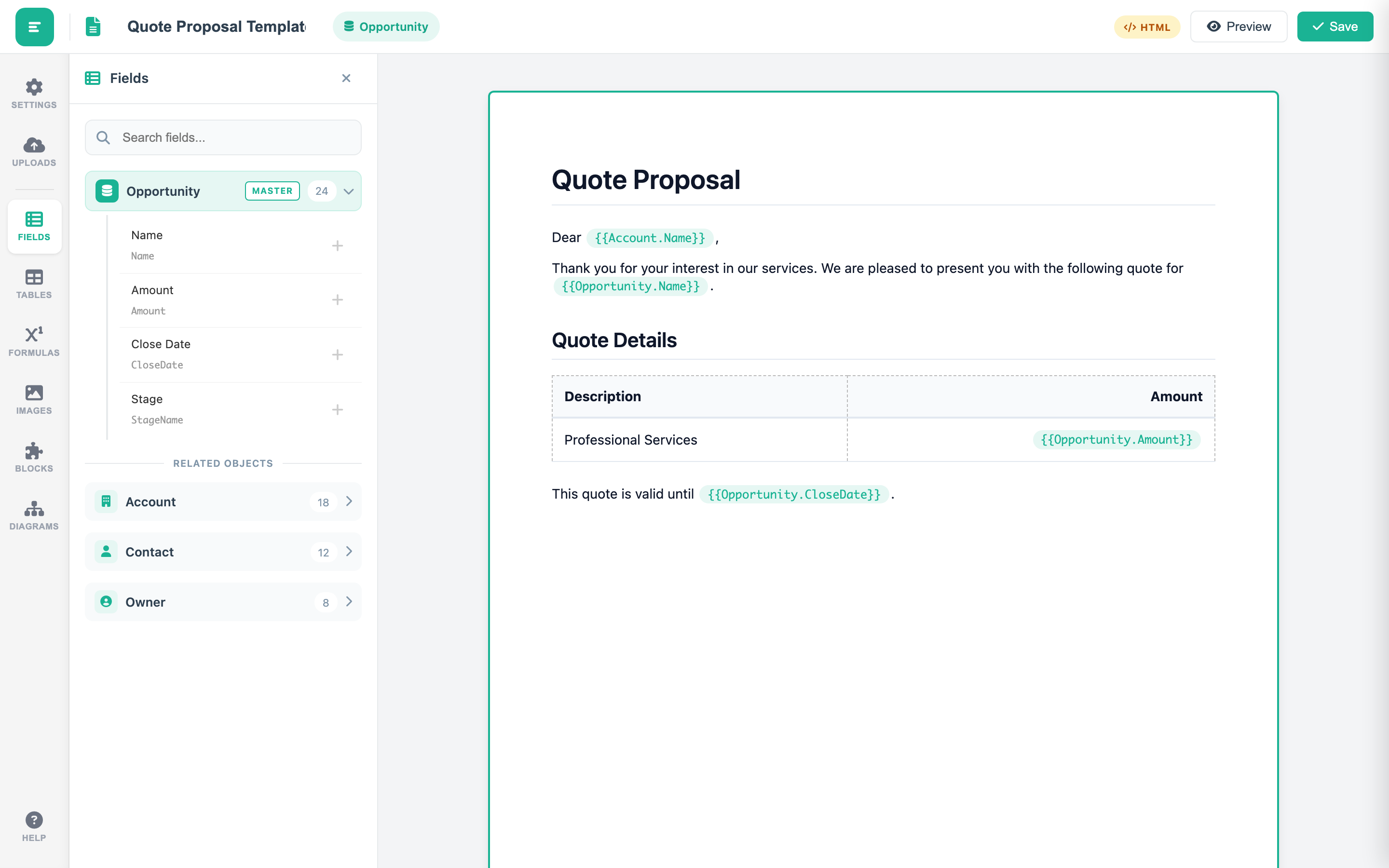 Template Editor with Quote Proposal and merge fields