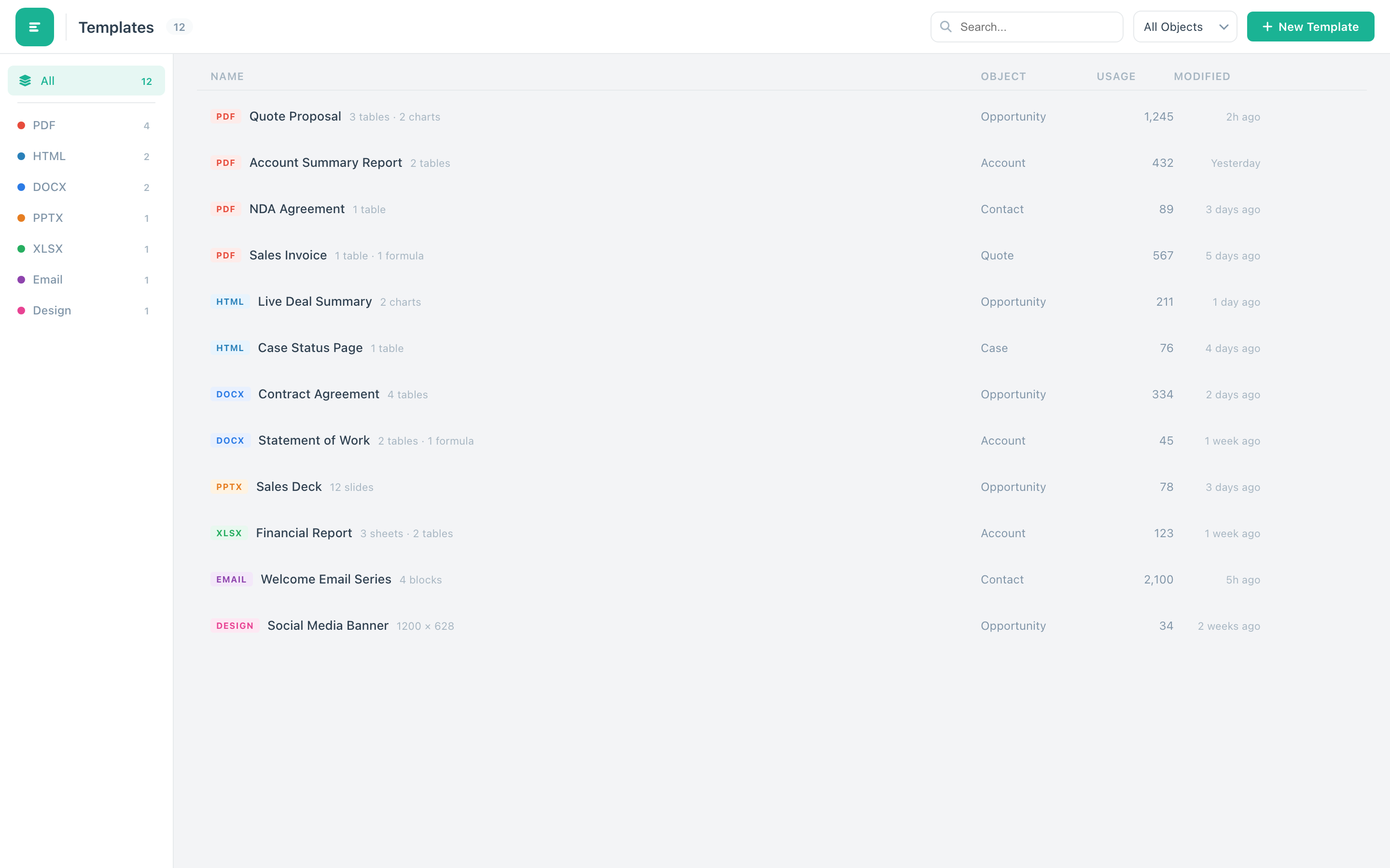NimeDocs template library with 12 templates across PDF, DOCX, PPTX, XLSX formats